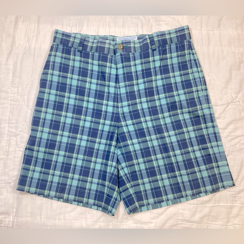 Men’s Southern Tide Skipjack Flat Front Plaid Shorts Blue Mint‎ 32